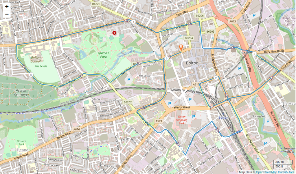 A map showing the route taken. Starting at the junction of Deansgate and old Hall Street, we set of west and took in Moor Lane, Deane Road, University Way, Fletcher Street, Bridgeman Street, Thynne Street, Orlando Street, Manchester Road, Bradshawgate, Great Moor street, Newport Street, Trinity Street, Bridgeman Place, Bradford Street, Castle Street, Church Bank, Deansgate, Bridge Street, St Georges Road, Chorley New Road, Tudor Avenue, Gilnow Road, Park Road, Spa Road and Deansgate. A total of 6 miles.
