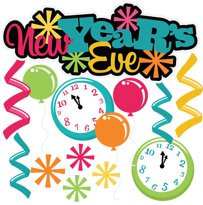 Graphic showing clock and balloons, with the words"New Year's Eve".