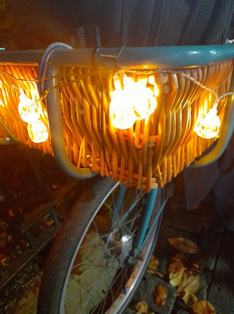 Pumpkin lights on the front rack of an Elephant Bike. (Thanks to Sadie Tann)